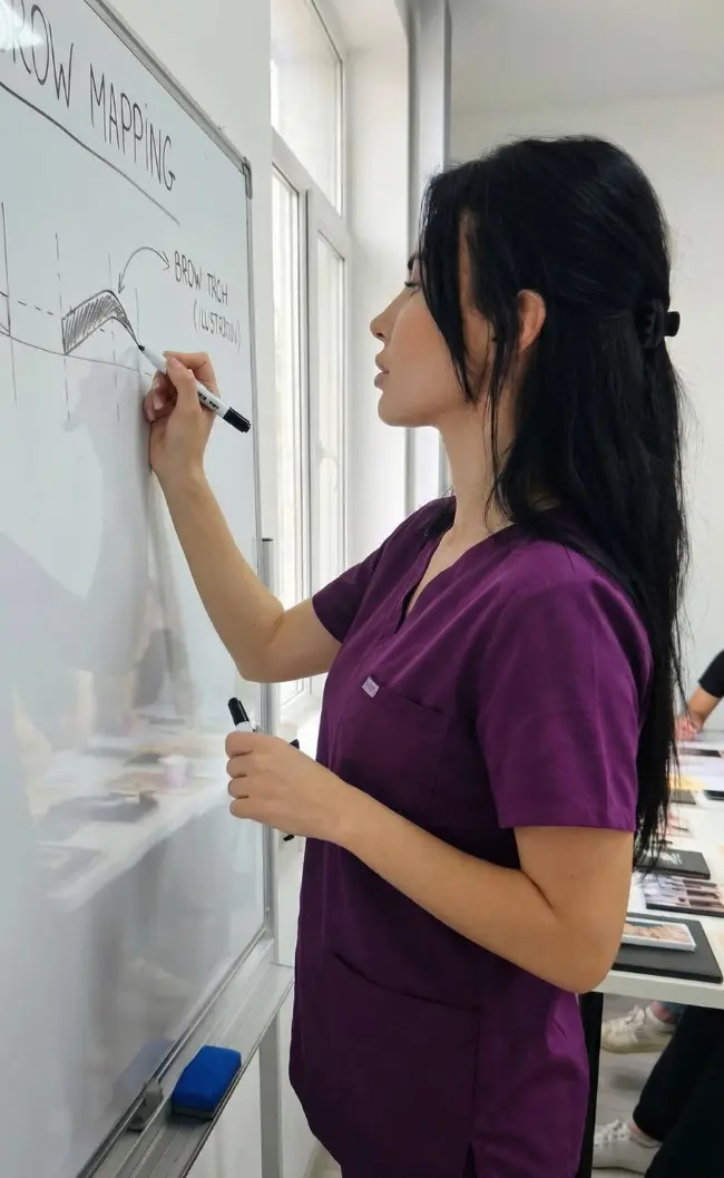 Expert instructor Marcela Cenușa teaching professional brow lamination and sugaring hair removal techniques in Chisinau.